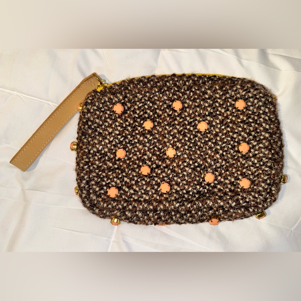 Miss Albright for Anthropologie Brown Tweed Clutch with Coral Beads